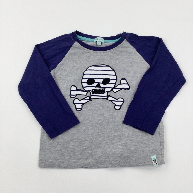 Skull & Crossbones Appliqued Blue & Grey Top - Boys 3-4 Years