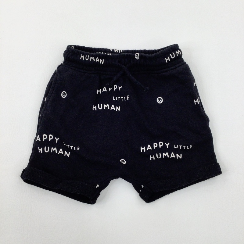 'Happy Little Human' Smiley Faces Black Shorts - Boys 2-3 Years