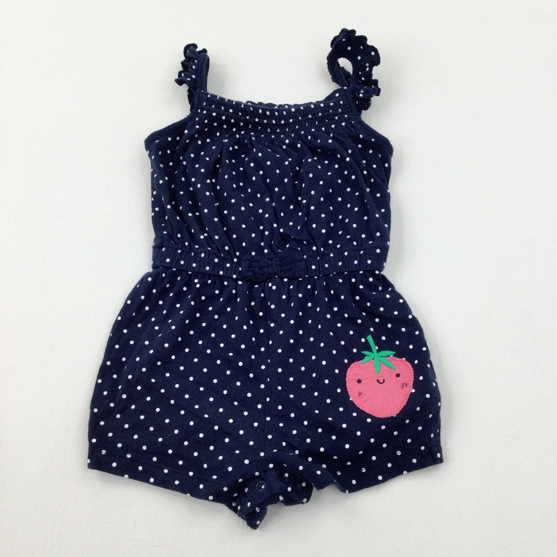 Strawberry Appliqued Spotty Navy Playsuit - Girls 12-18 Months