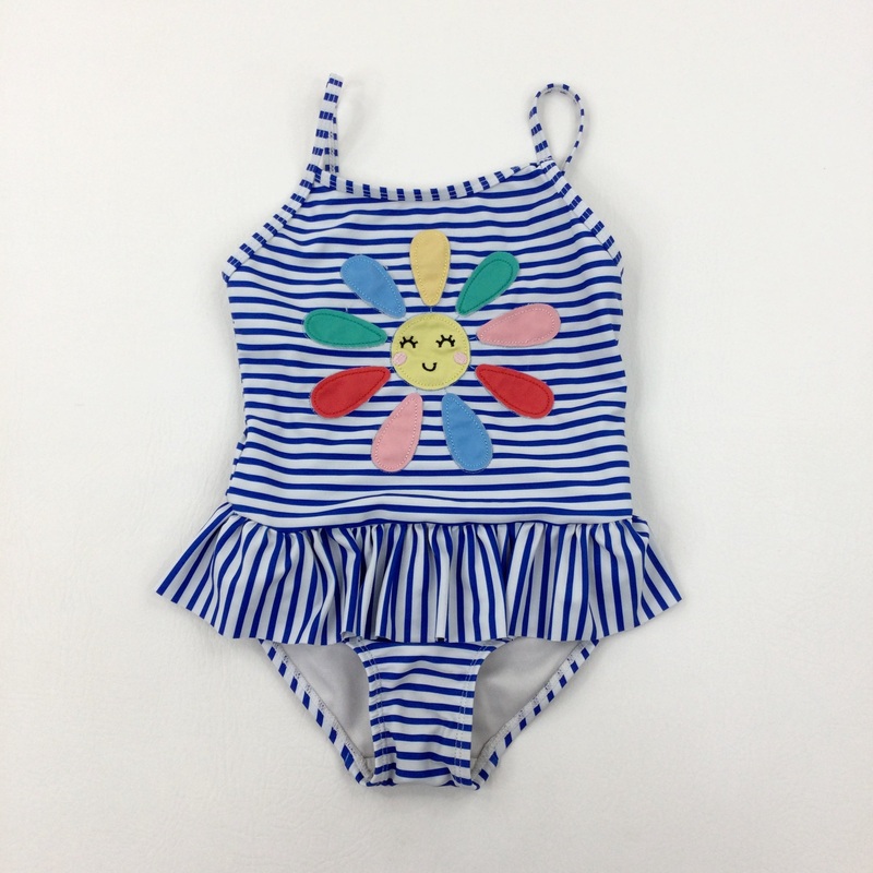 Smiley Flower Blue Striped Swimming Costume - Girls 4-5 Years