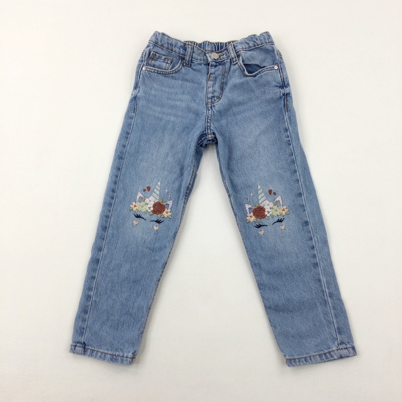 Unicorns Embroidered Blue Denim Jeans With Adjustable Waist - Girls 4-5 Years