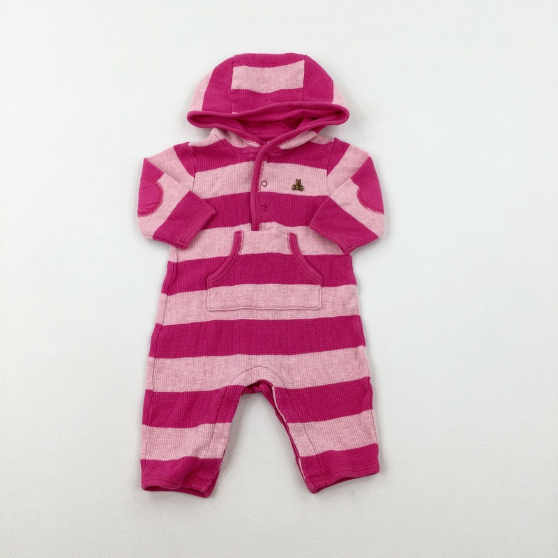 Bear Motif Pink Striped Hooded Romper - Girls 0-3 Months