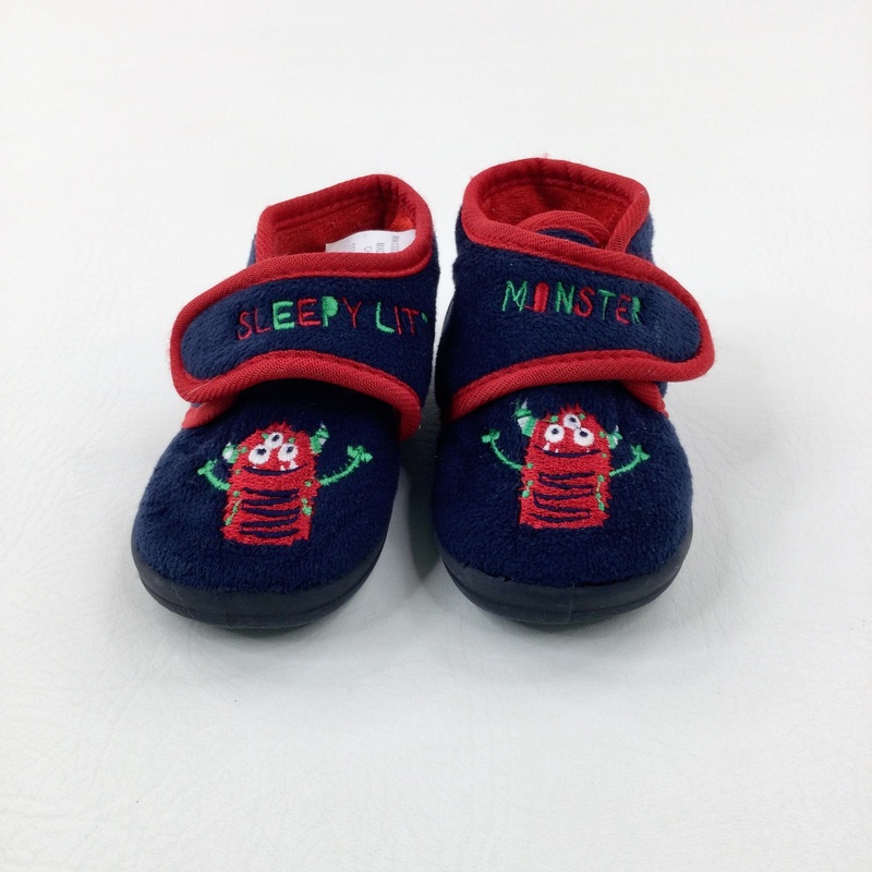 'Sleepy Little Monster' Embroidered Navy Slippers - Boys - Shoe Size 5