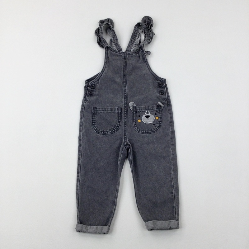 Bear Face Appliqued Grey Denim Dungarees - Girls 2-3 Years