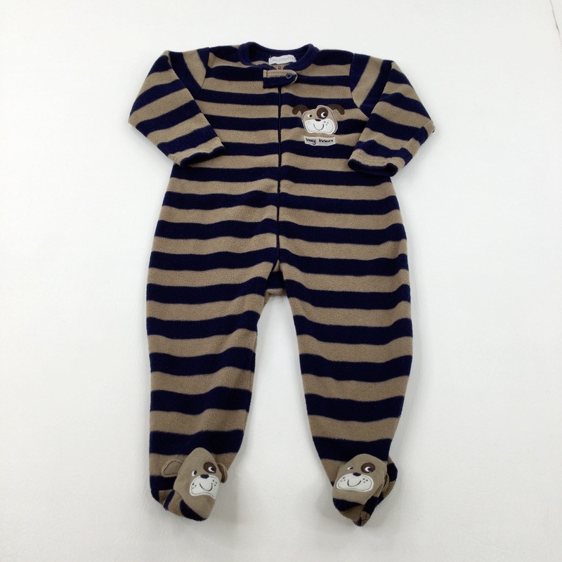 'Lazy Days' Dog Appliqued Navy & Brown Striped Fleece Onesie  - Boys 18-24 Months