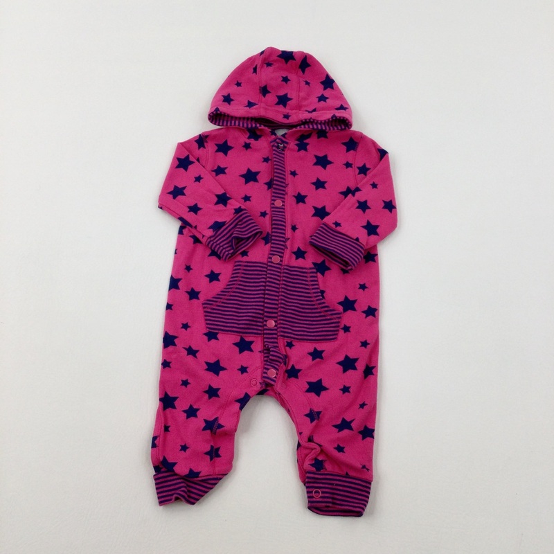 Stars Pink & Navy Hooded Babygrow - Girls 3-6 Months