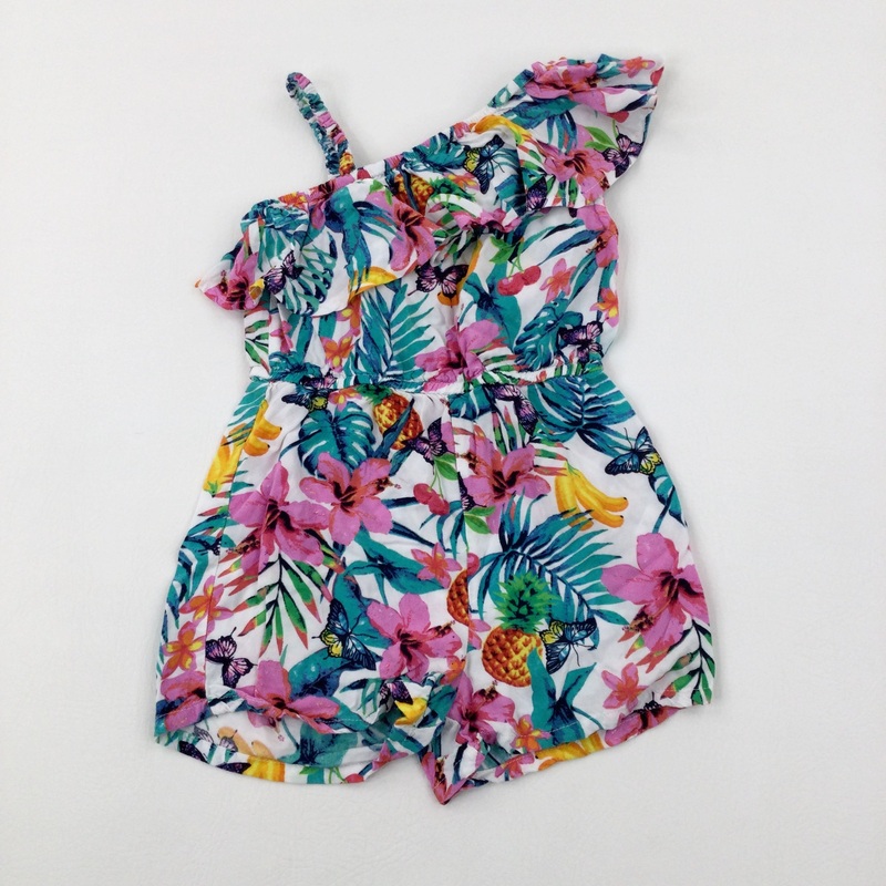 Colourful Butterflies & Flowers White Playsuit - Girls 3-4 Years