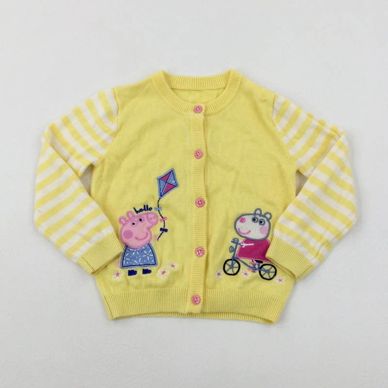 'Hello' Peppa Pig & Friends Appliqued Yellow Striped Knitted Cardigan - Girls 2-3 Years