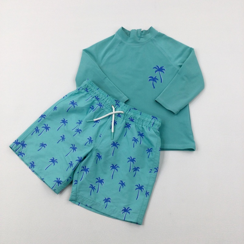 Palm Trees Blue & Green Beach Top & Shorts Set - Boys 3-4 Years