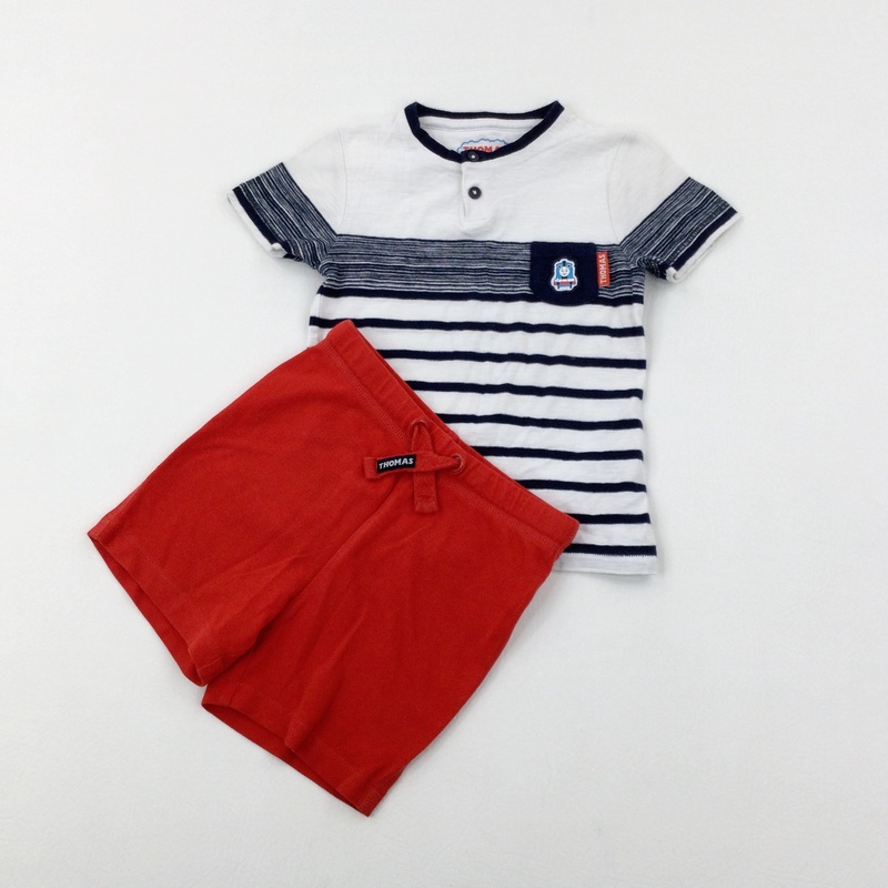Thomas The Tank Appliqued Blue Striped T-Shirt & Shorts Set - Boys 18-24 Months