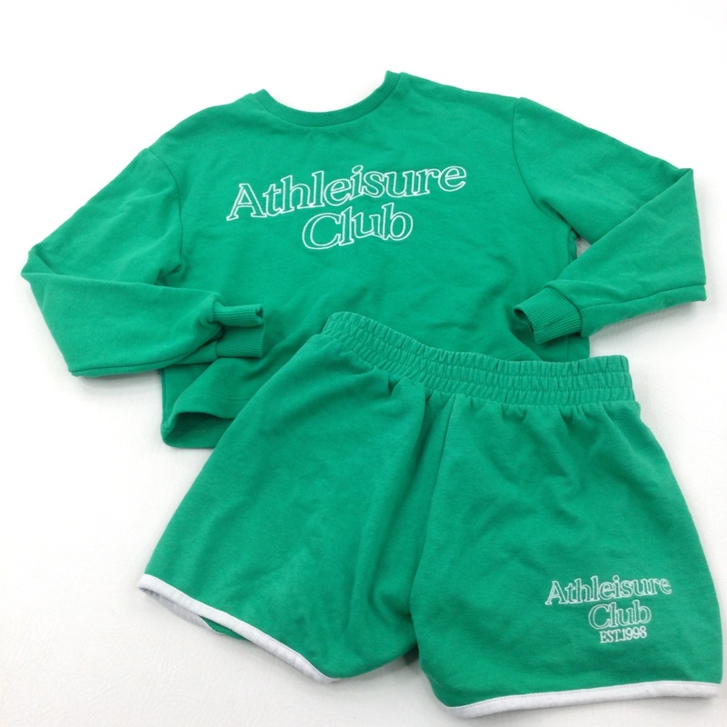 'Athleisure Club' Green Cropped Sweatshirt & Matching Shorts - Girls 8-9 Years