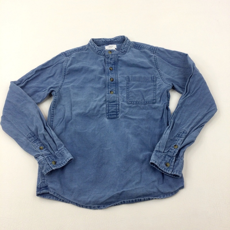Blue Woven Cotton Pullover Collarless Shirt - Boys 8-9 Years