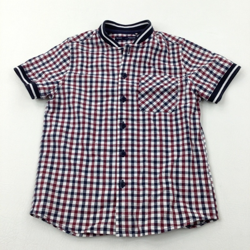 Burgundy & Navy Checked Collarless Short Sleeve Shirt - Boys 5-6 Years