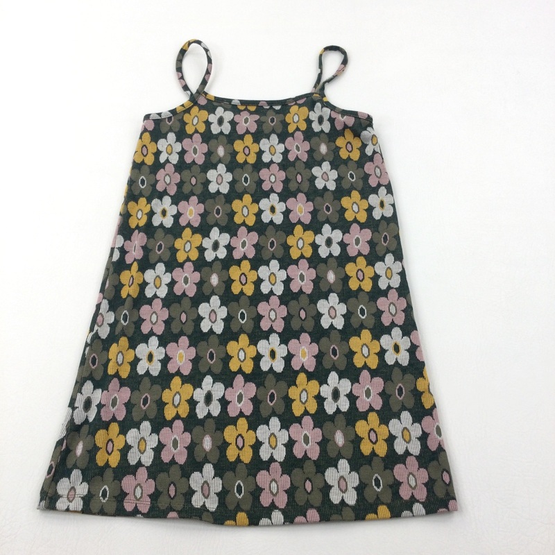 Retro Flowers Dark Green Jersey Dress - Girls 9 Years