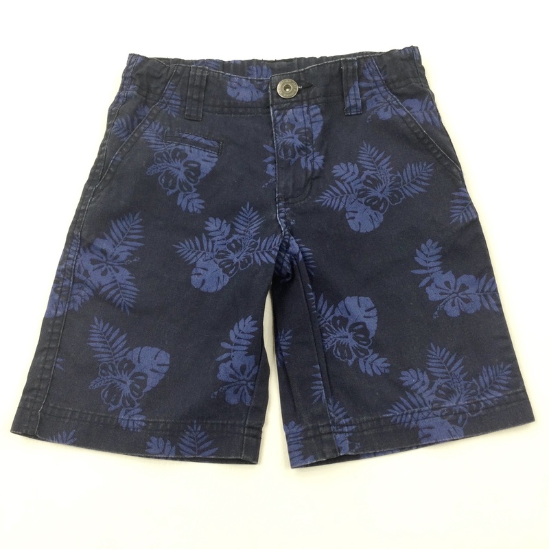 Tropical Flowers Navy Cotton Shorts With Adjustable Waist - Boys 6-7 Years