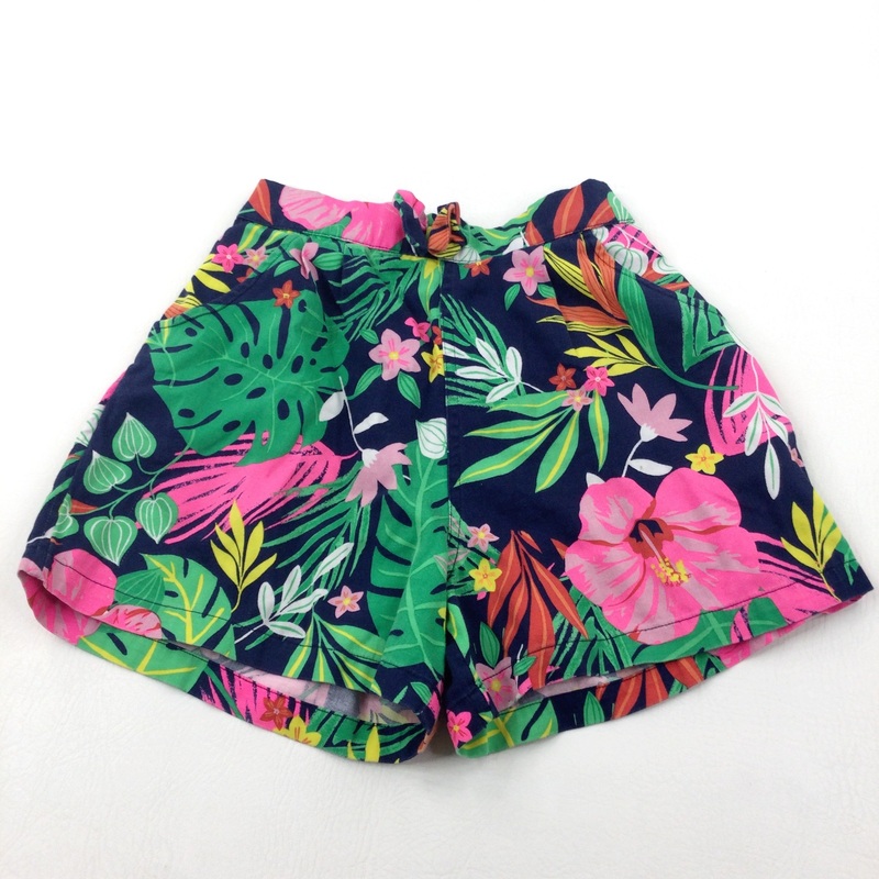 Tropical Flowers Navy Shorts - Girls 8-9 Years