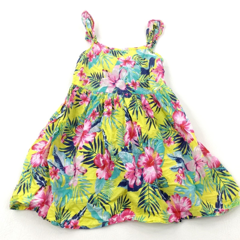 Tropical Flowers Yellow Cotton Dress - Girls 4-5 Years