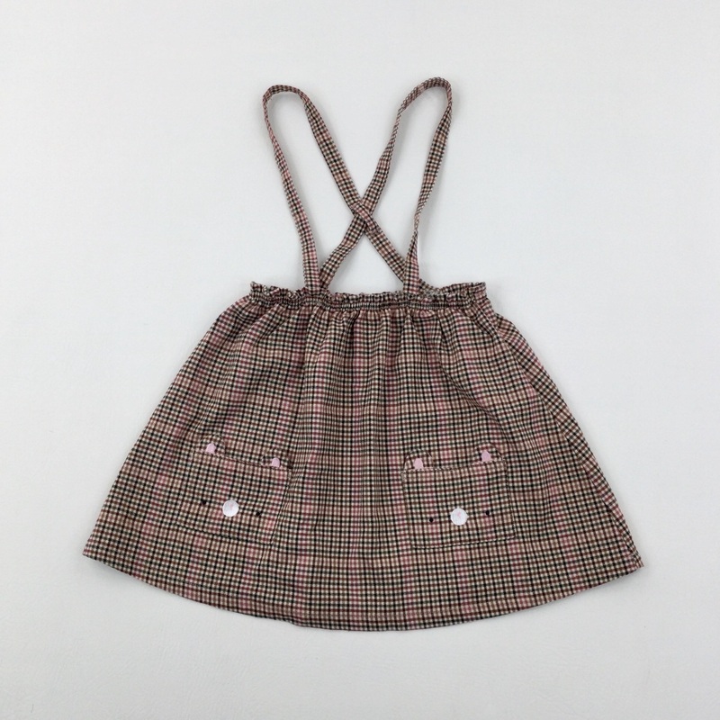 Bear Embroidered Pink & Brown Checked Skirt With Braces - Girls 5-6 Years