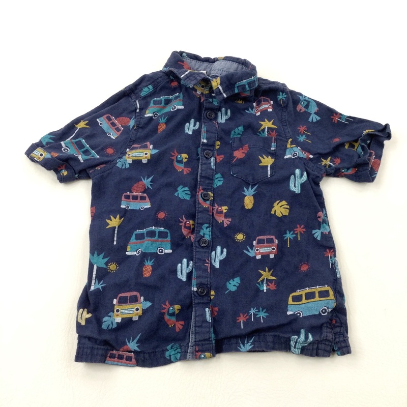 Campervans Navy Cotton/Linen Mix Short Sleeve Shirt - Boys 2-3 Years