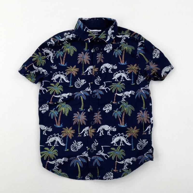 Dinosaurs & Palm Tree Navy Short Sleeve Shirt - Boys 5-6 Years