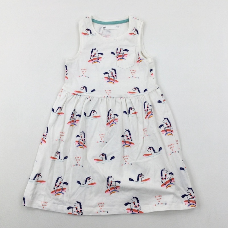 'Surf, Sun & Rainbows' Unicorns White Dress - Girls 5-6 Years