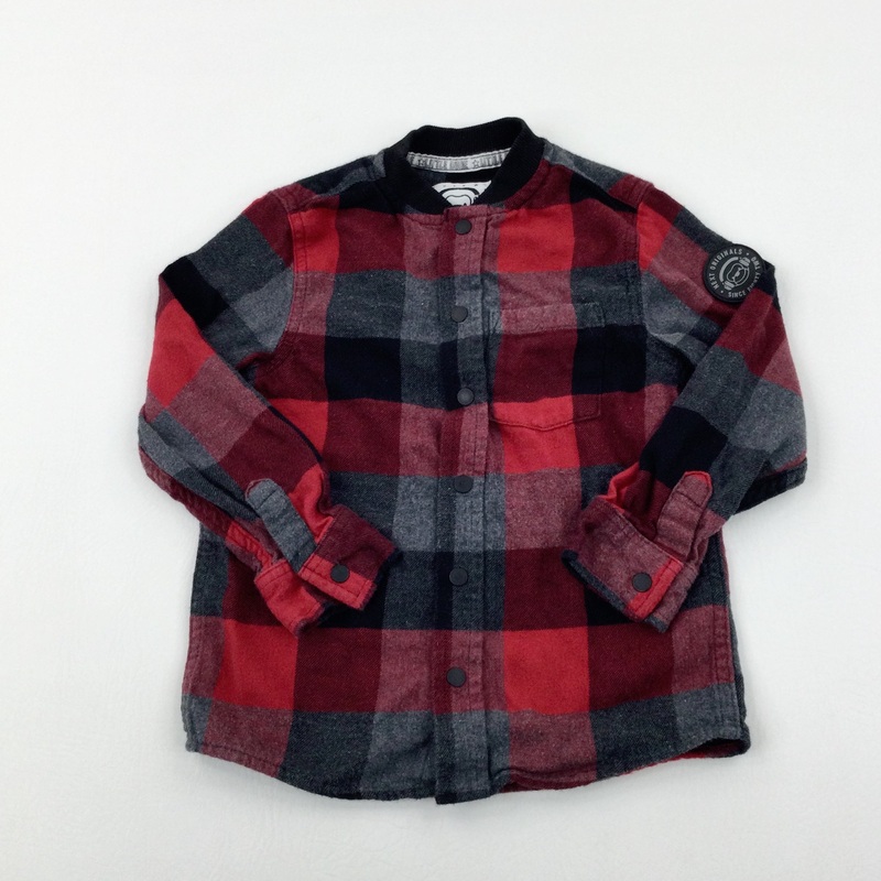Red & Grey Checked Collarless Shirt - Boys 3-4 Years