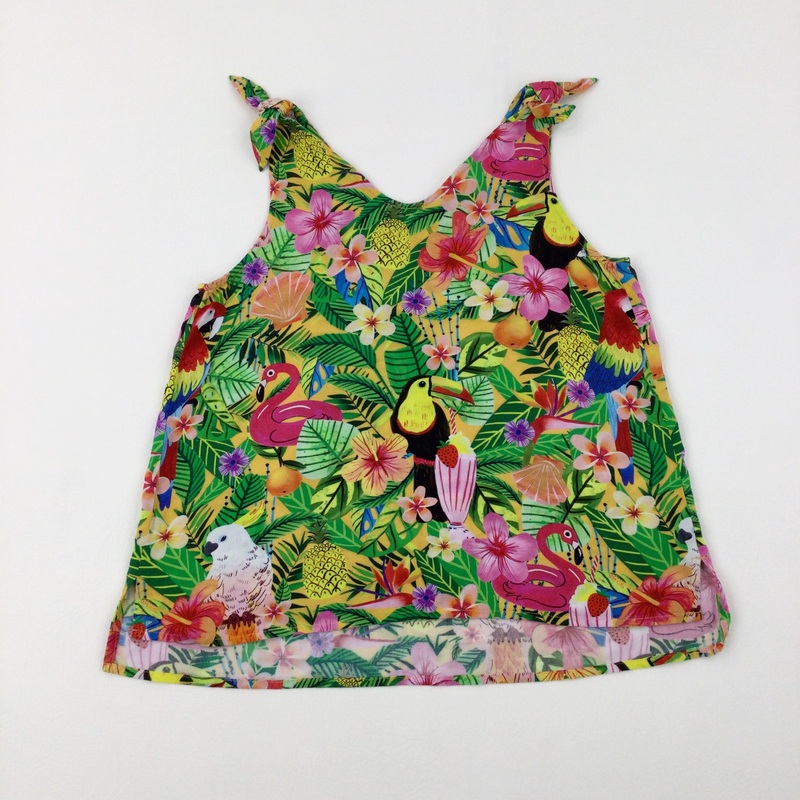 Tropical Birds & Flowers Green Tie Straps Vest Top - Girls 12-13 Years