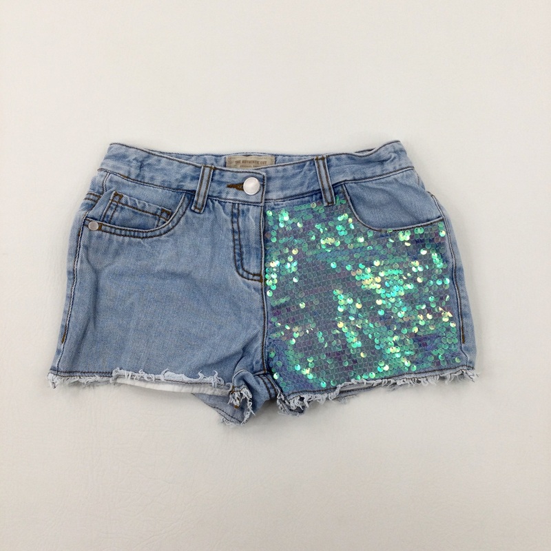 Sequinned Light Blue Denim Shorts With Adjustable Waist - Girls 8-9 Years