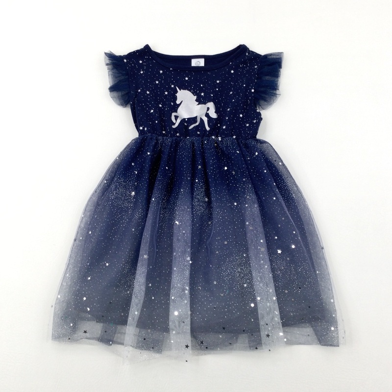 Unicorns Stars Sparkly Blue Party Dress - Girls 5-6 Years