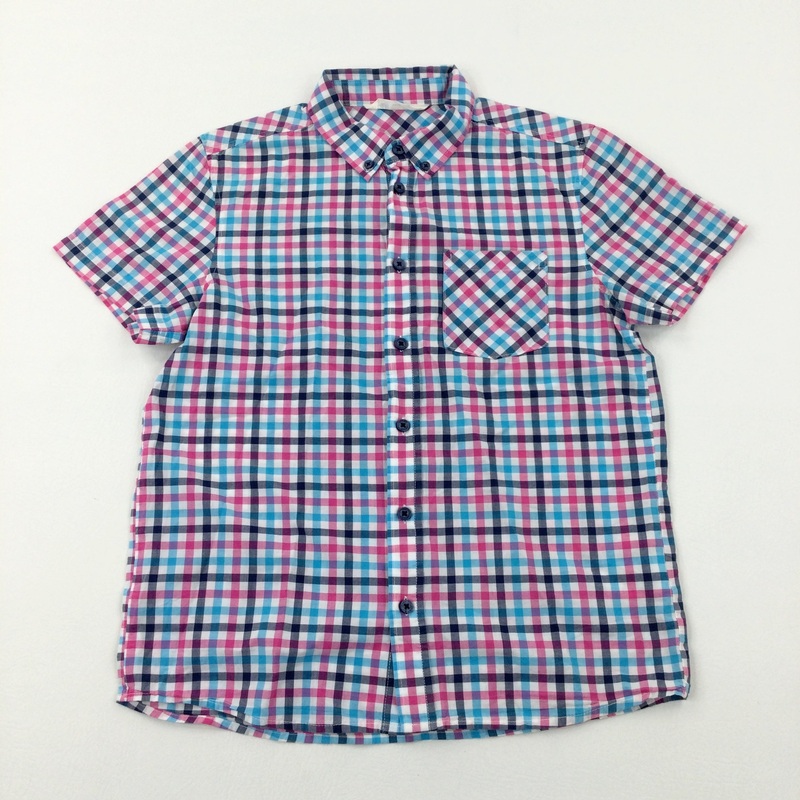 Blue & Pink Checked Short Sleeved Shirt - Boys 12-13 Years