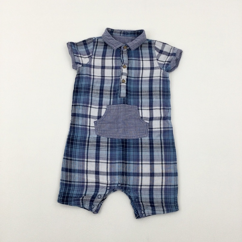 Navy Checked Romper - Boys 12-18 Months