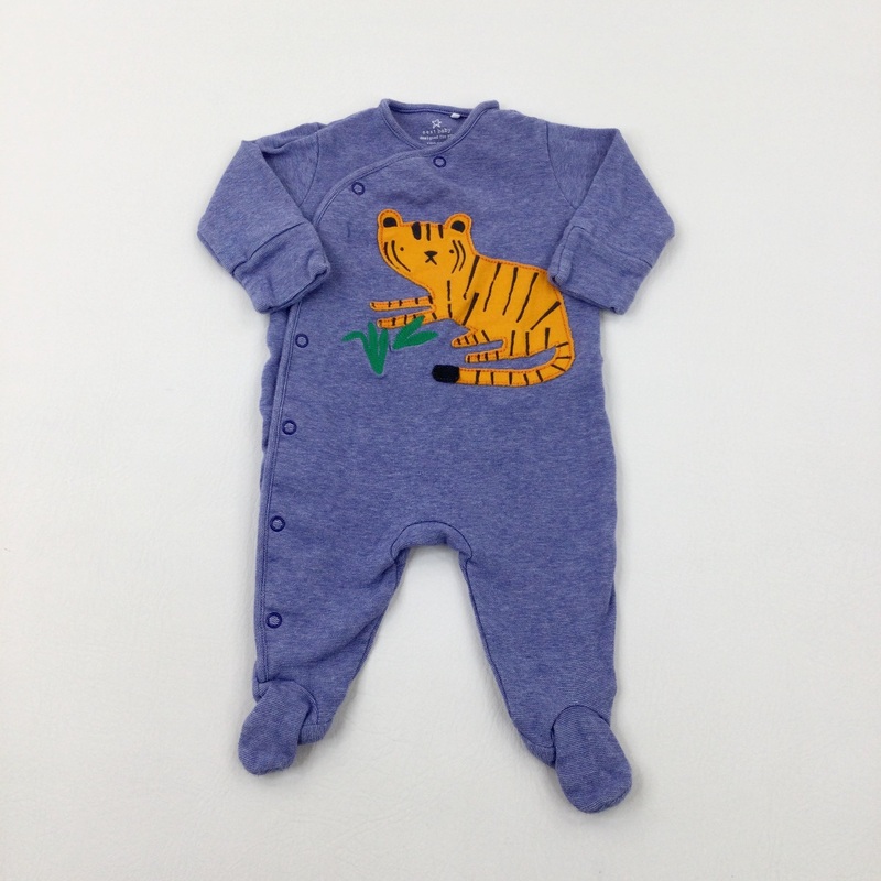 Tiger Appliqued Blue Babygrow - Boys 0-3 Months