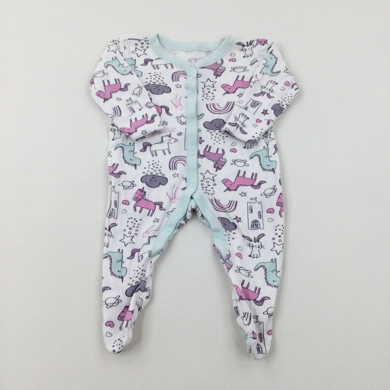 Unicorns & Rainbows White Babygrow - Girls 0-3 Months