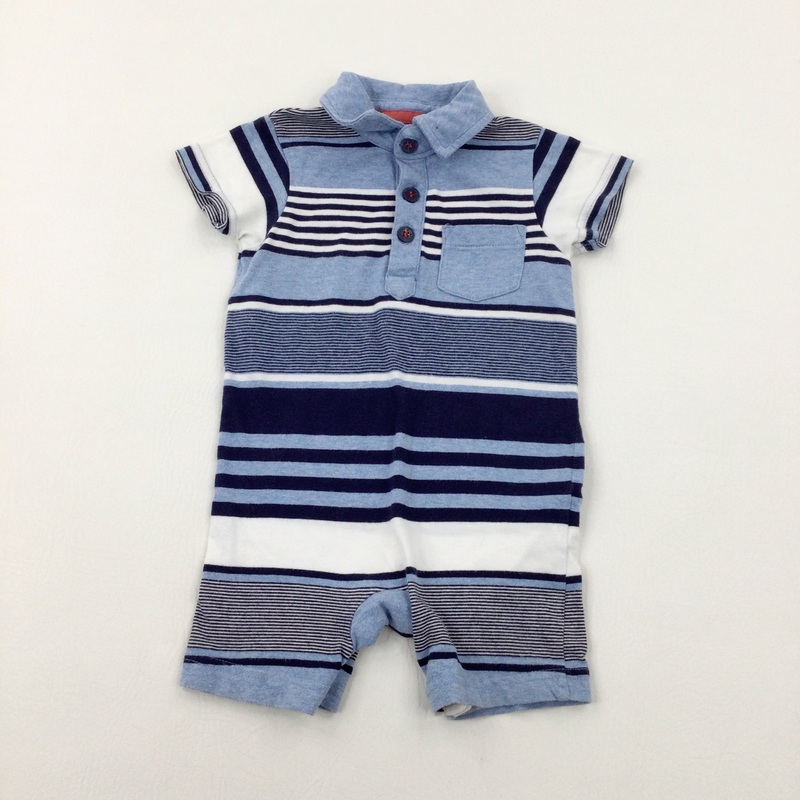 Navy & White Striped Romper - Boys 9-12 Months