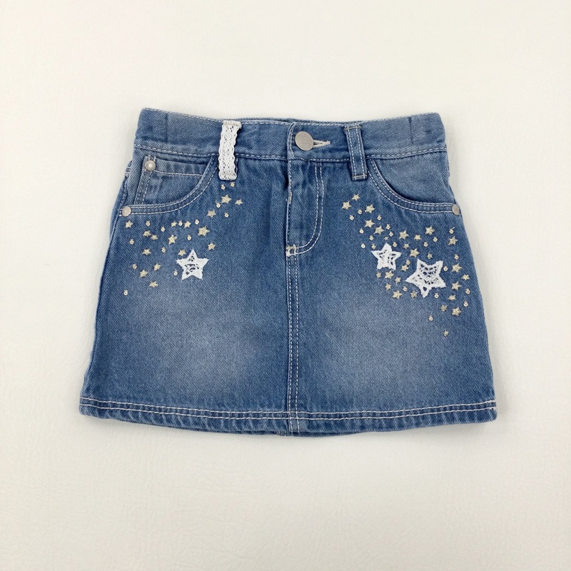 Stars Embroidered Light Blue Denim Skirt With Adjustable Waist - Girls 2-3 Years