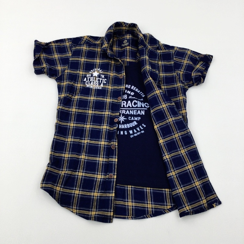 'Athletic Class A' Navy & Yellow Checked Shirt With Vest Top Attached - Boys 10-11 Years