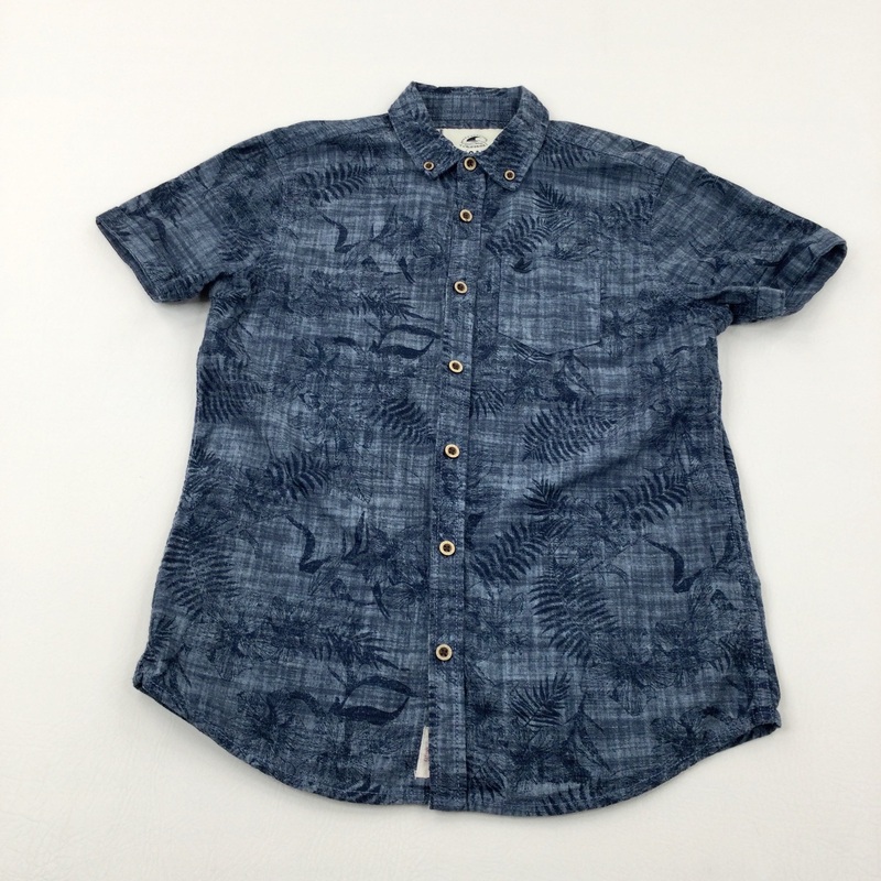 Bird Motif Palm Trees Blue Shirt - Boys 11-12 Years