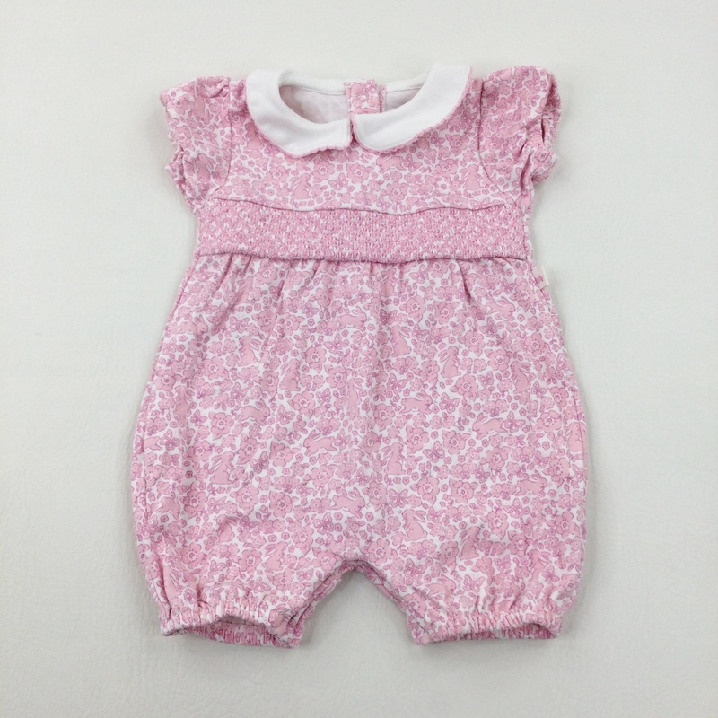 Bunnies & Flowers Pink & White Romper - Girls 3-6 Months