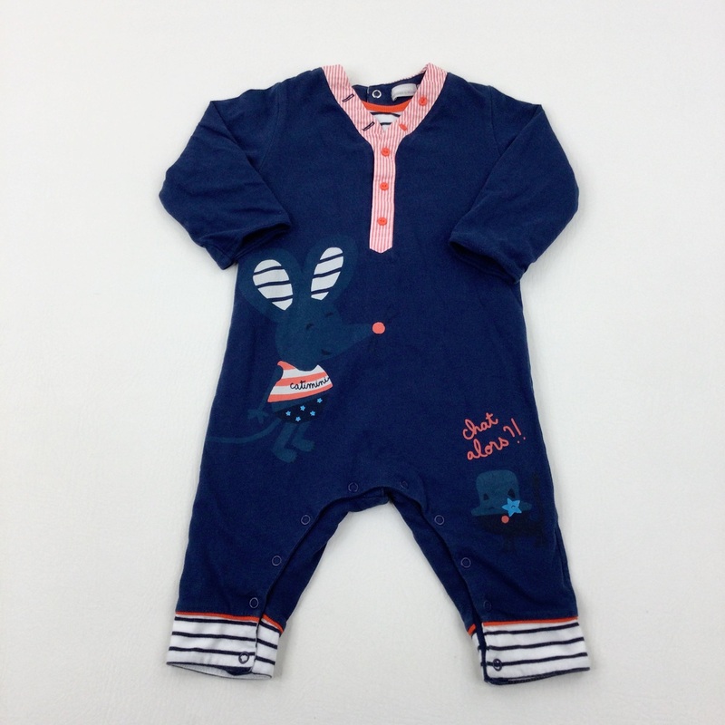 'Chat Alors!!' Mouse Navy Romper - Boys 6-9 Months