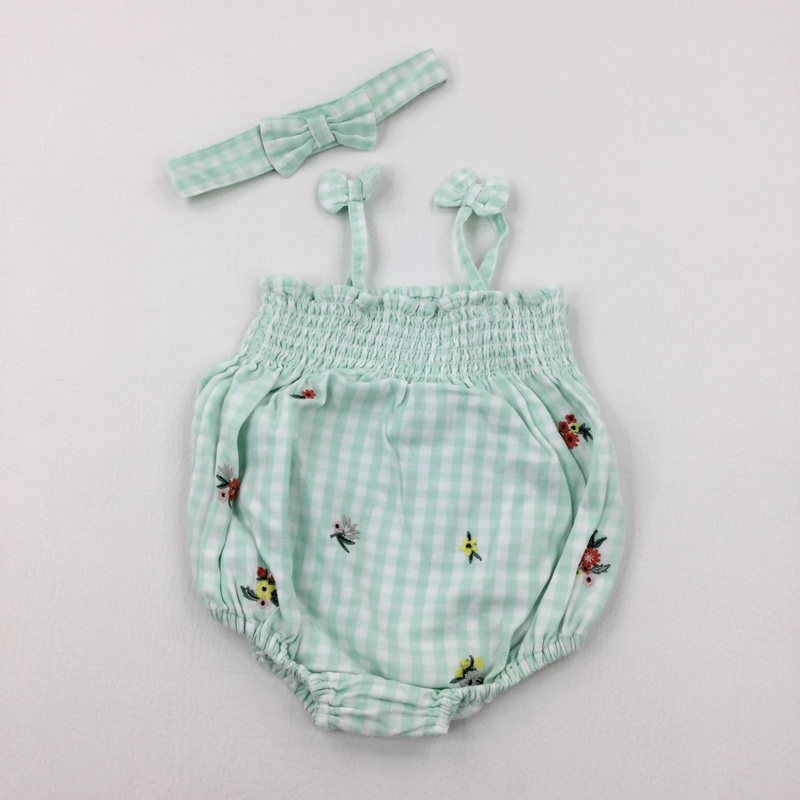 Flowers Embroidered Green Checked Romper & Headband Set - Girls 3-6 Months