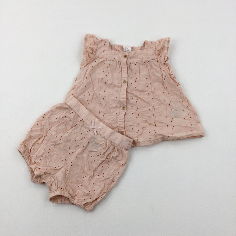 Flowers Embroidered Peach Top & Shorts Set - Girls 9-12 Months