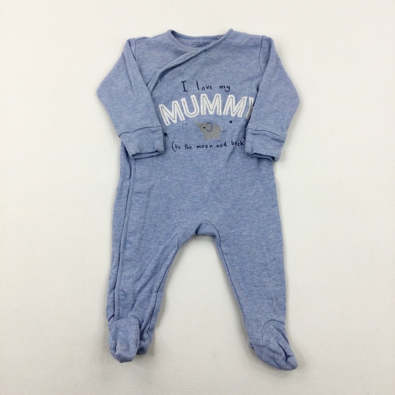 'I Love My Mummy' Elephant Appliqued Light Blue Babygrow - Boys 3-6 Months