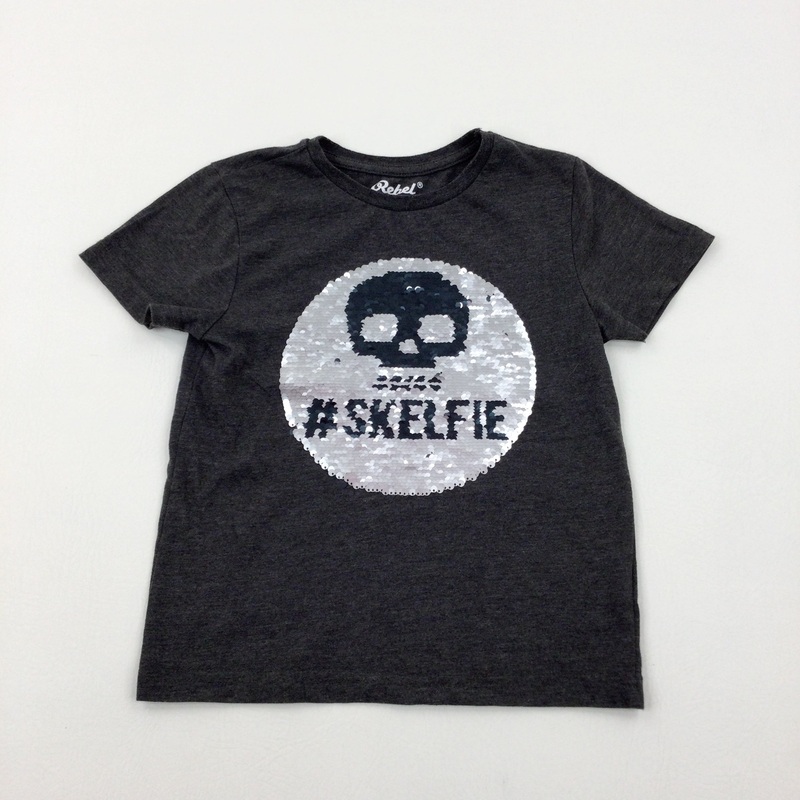 '#Skelfie' Sequin Flip Skull Charcoal Grey T-Shirt - Boys 4-5 Years