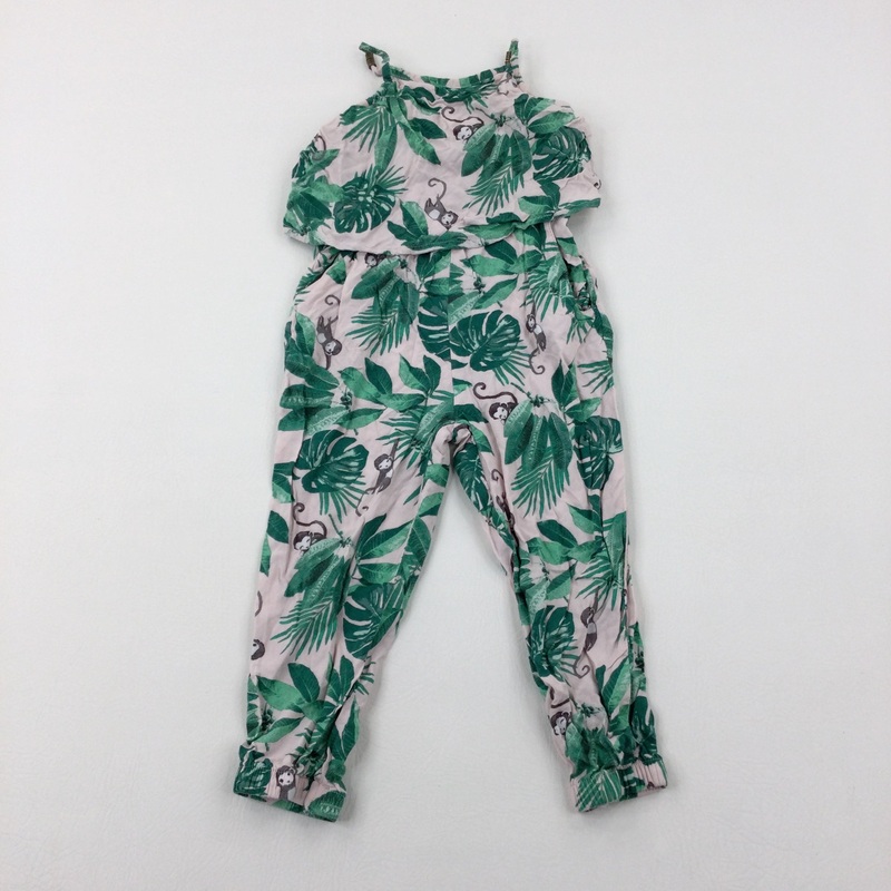 Tropical Leaves & Monkeys Green Jumpsuit - Girls 3-4 Years