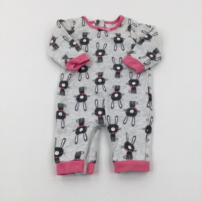 Bunnies Grey Long Sleeve Romper - Girls 0-3 Months
