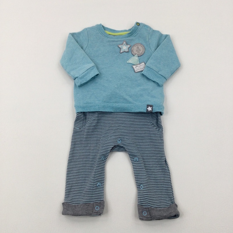 'Little Wanderer' Star Appliqued Blue & Grey Striped Romper With Attached Jumper  - Boys 3-6 Months