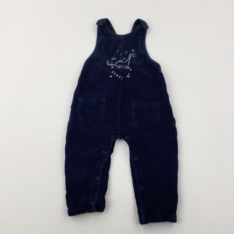 'Roar!' Dinosaur Embroidered Navy Cord Lined Dungarees - Boys 12-18 Months