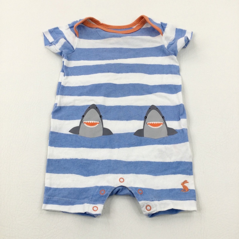 Sharks Blue Striped Romper - Boys 0-3 Months
