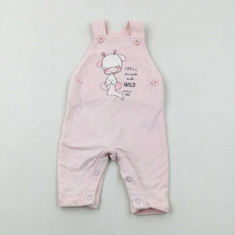 'Small Sweet And Wild Little One' Giraffe Appliqued Pink Dungarees - Girls 0-3 Months