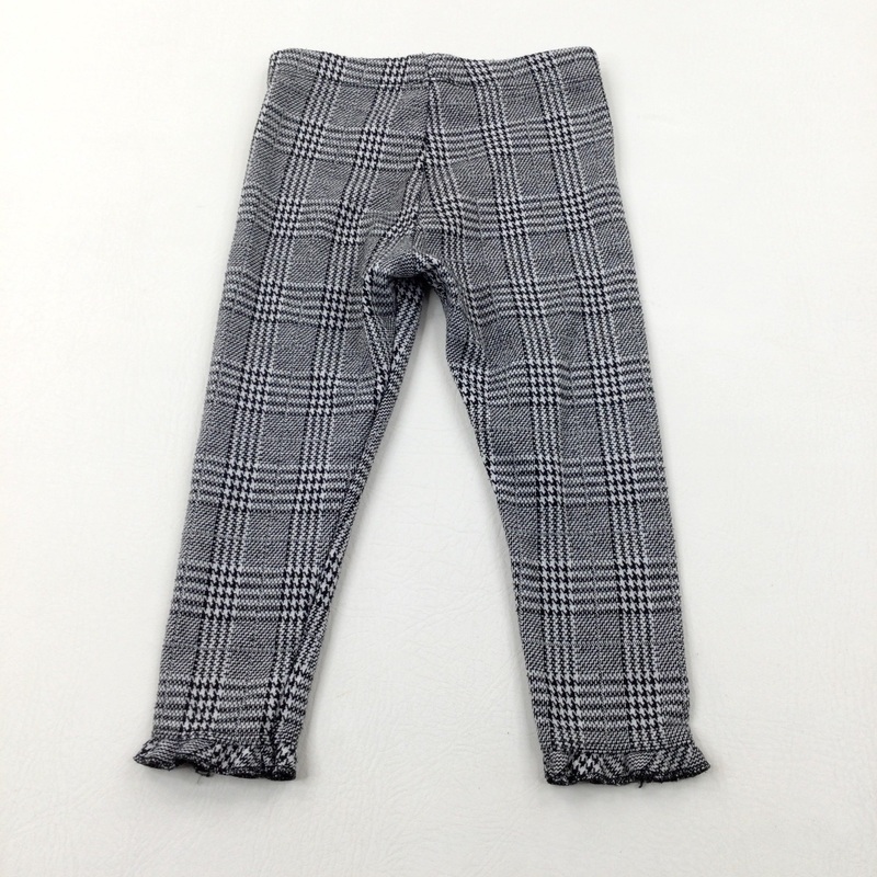Black & White Checked Thick Leggings With Frilly Hems - Girls 2-3 Years